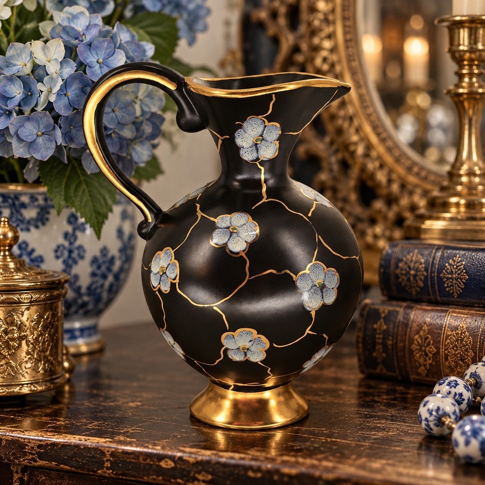 Regina Gouda Holland Flevo 1170 Black Gold Floral Pottery Pitcher Vase Vintage